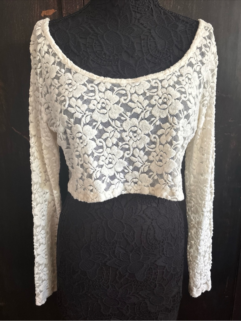 Creme L / XL Cropped Blouse Long Sleeve Y2K  layer sheer lace scoop neck stretch
